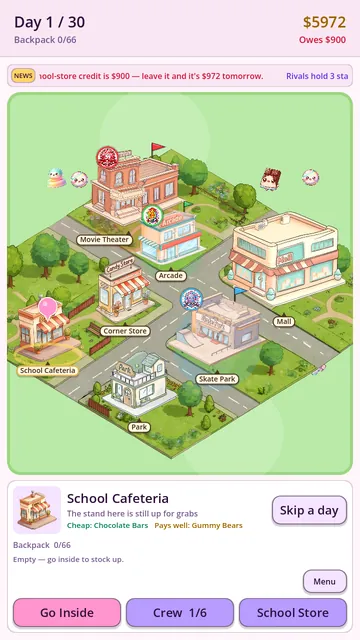 The town map — seven hangouts, each with its own prices